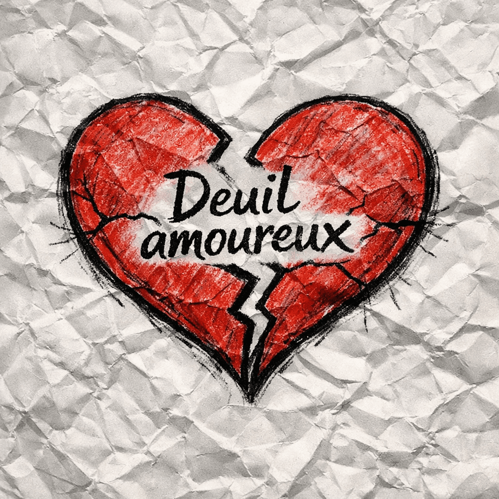 Infographie : les étapes du deuil amoureux autour d'un cœur fissuré
