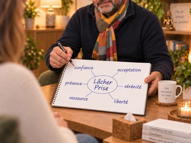 Un carnet illustre le lâcher prise : confiance, acceptation, présence, sérénité, ressource et liberté.